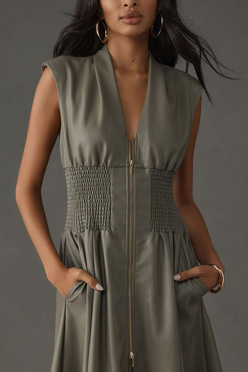 Nonnadress  Vintage Sleeveless Leather Zipper Maxi Dress Waist Dress