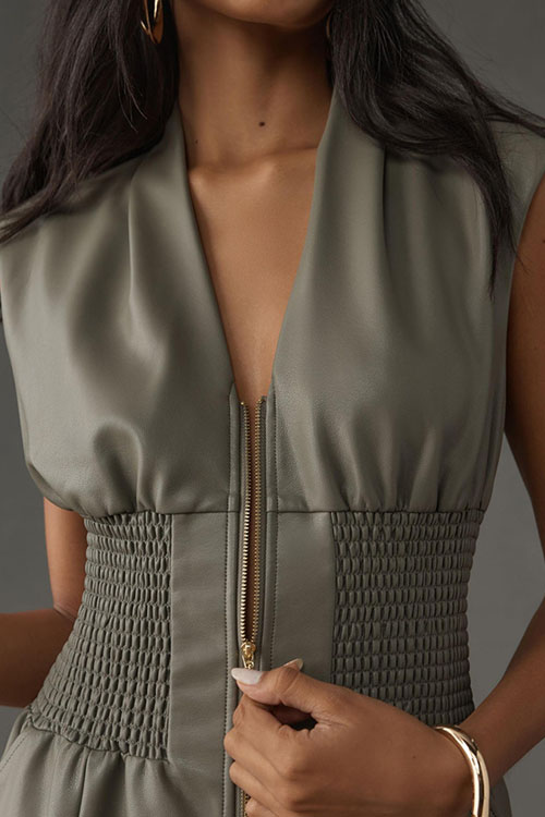 Nonnadress  Vintage Sleeveless Leather Zipper Maxi Dress Waist Dress