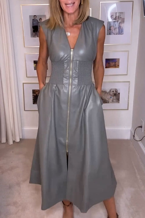 Nonnadress  Vintage Sleeveless Leather Zipper Maxi Dress Waist Dress