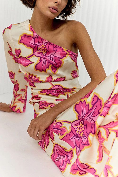 Nonnadress  Rose Print Satin Off-shoulder Long Dress