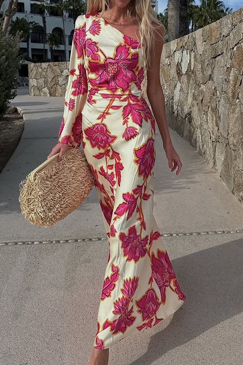 Nonnadress  Rose Print Satin Off-shoulder Long Dress