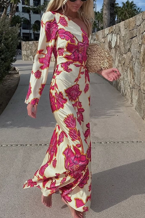 Nonnadress  Rose Print Satin Off-shoulder Long Dress