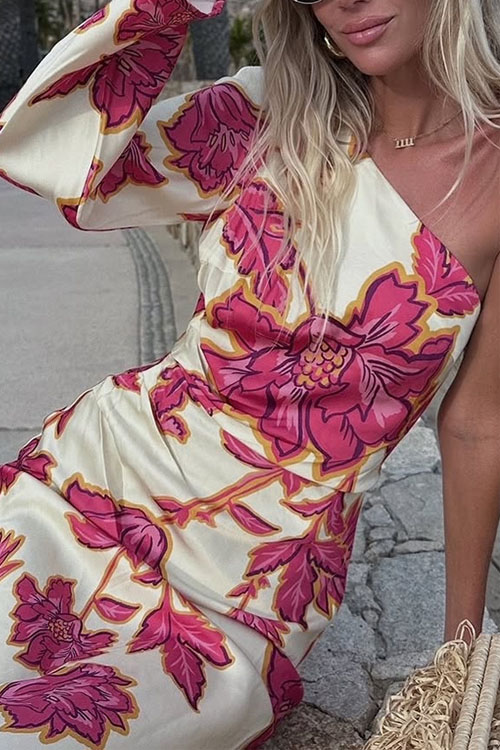 Nonnadress  Rose Print Satin Off-shoulder Long Dress