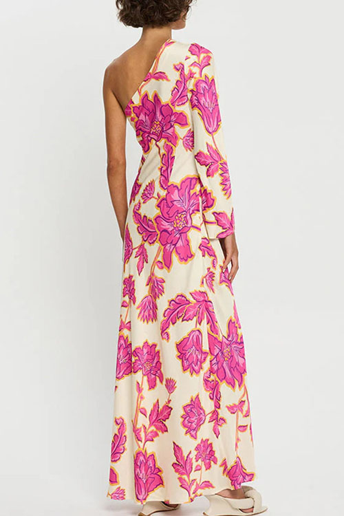 Nonnadress  Rose Print Satin Off-shoulder Long Dress