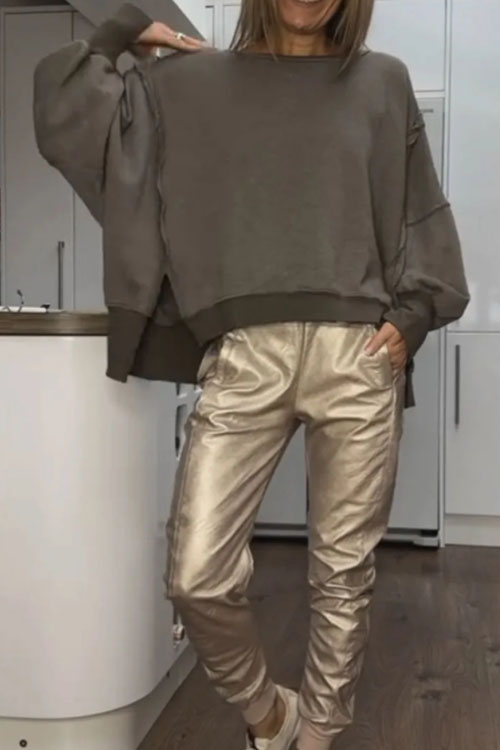 Nonnadress  Slit round neck casual top and leather pants set