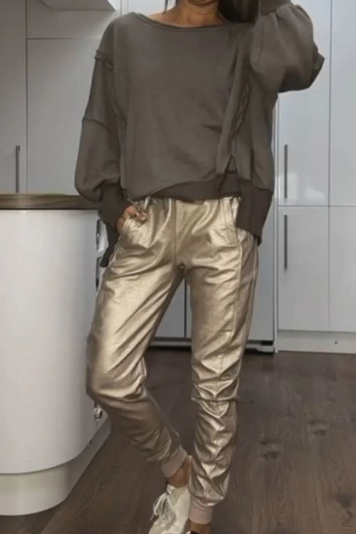 Nonnadress  Slit round neck casual top and leather pants set