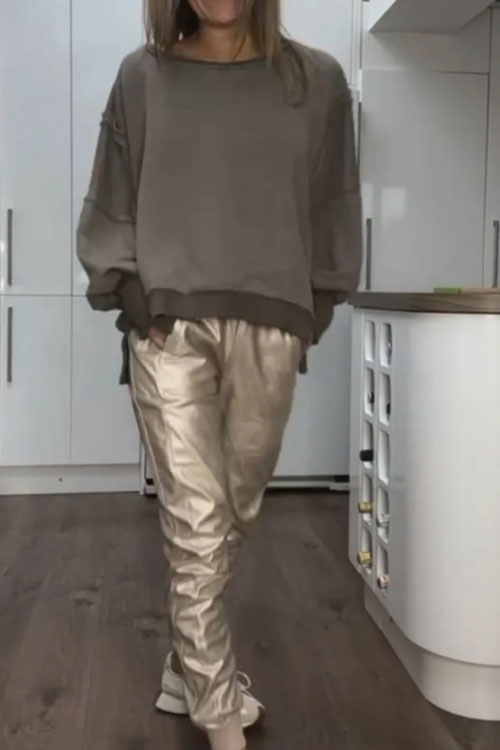 Nonnadress  Slit round neck casual top and leather pants set