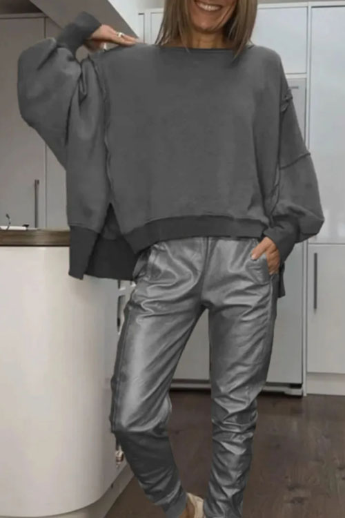 Nonnadress  Slit round neck casual top and leather pants set