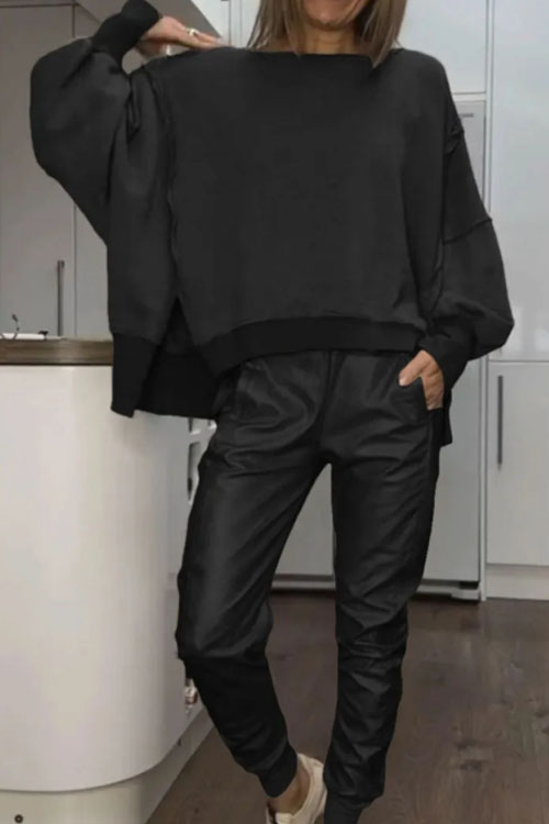 Nonnadress  Slit round neck casual top and leather pants set