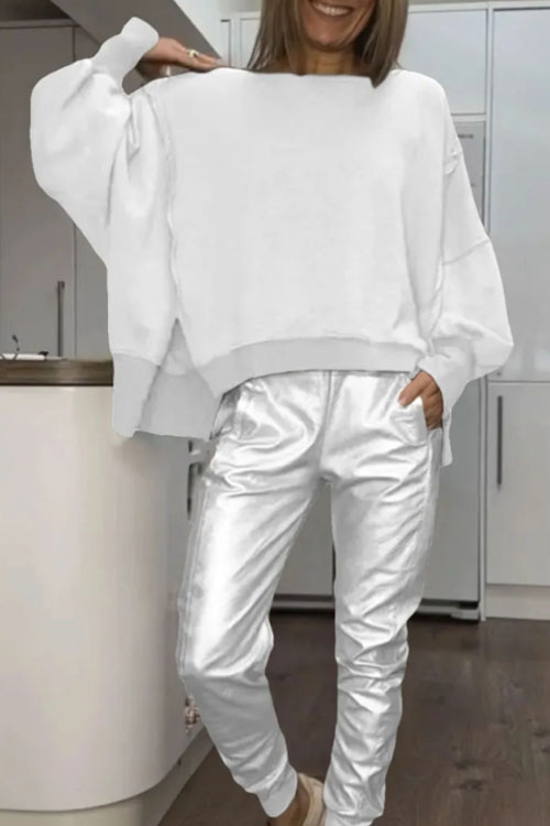Nonnadress  Slit round neck casual top and leather pants set