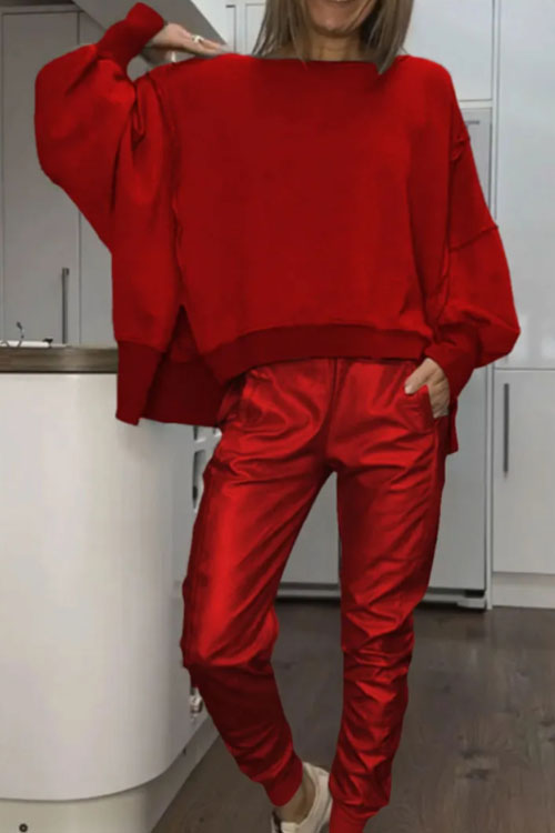 Nonnadress  Slit round neck casual top and leather pants set