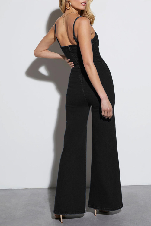 Nonnadress Washed Blue Denim Suspenders Flared High Elasticity Jumpsuit