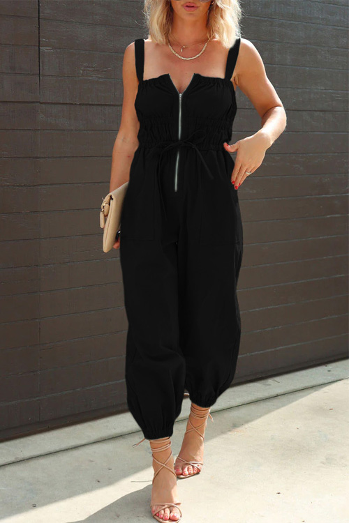 Nonnadress Washed Cotton Casual Double Insert Pockets Cinched Waist & Cuffed Ankle Jumpsuit