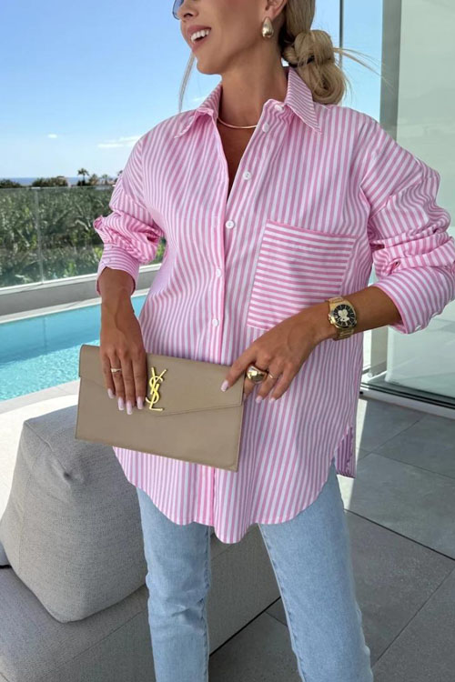 Nonnadress Pocket Stripe Long Sleeve Shirt blouse