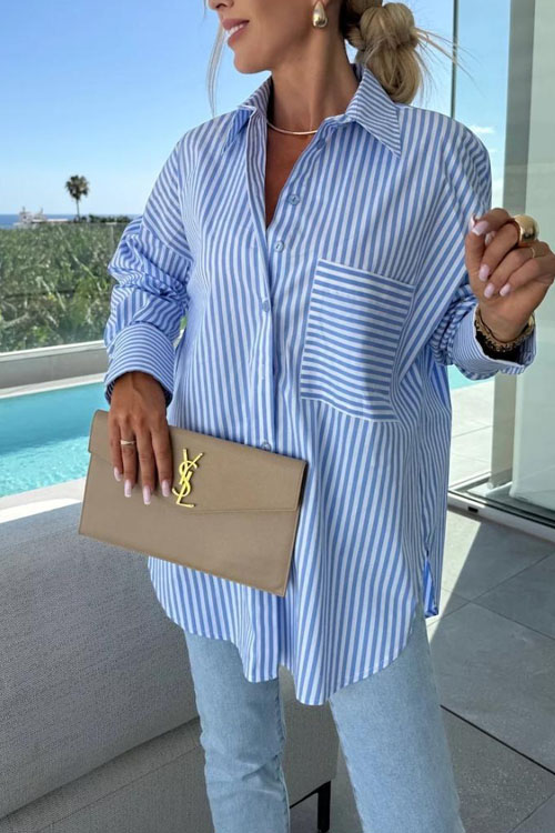 Nonnadress Pocket Stripe Long Sleeve Shirt blouse