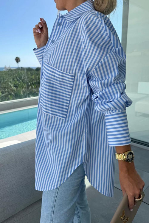 Nonnadress Pocket Stripe Long Sleeve Shirt blouse