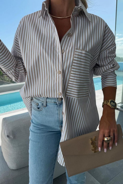 Nonnadress Pocket Stripe Long Sleeve Shirt blouse