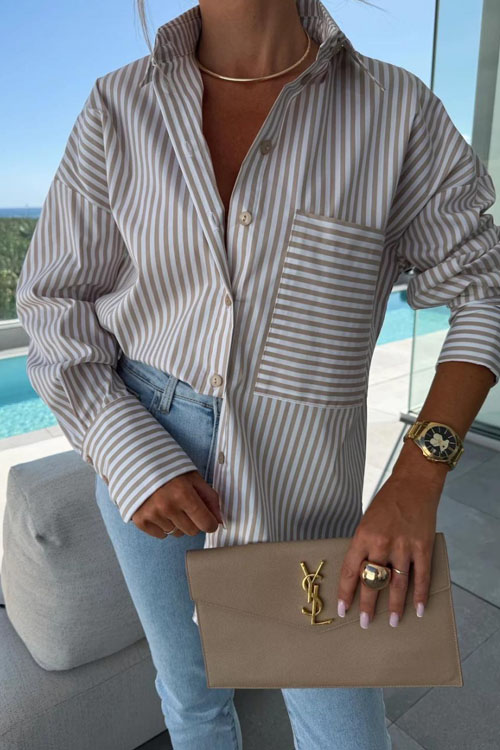 Nonnadress Pocket Stripe Long Sleeve Shirt blouse