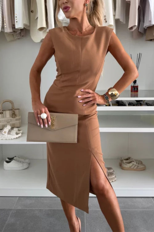 Nonnadress Round neck elegant slit solid color slim dress