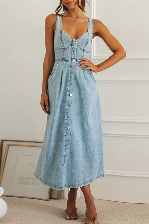 Nonnadress Aged Casual Style Buttoned Denim Maxi Dress