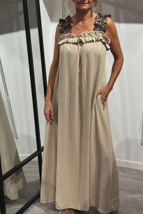 Nonnadress Casual Patchwork Leopard Pocket Cotton Linen Dress