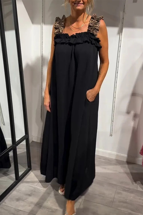 Nonnadress Casual Patchwork Leopard Pocket Cotton Linen Dress