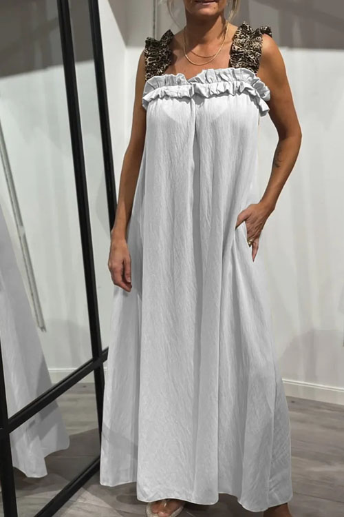 Nonnadress Casual Patchwork Leopard Pocket Cotton Linen Dress