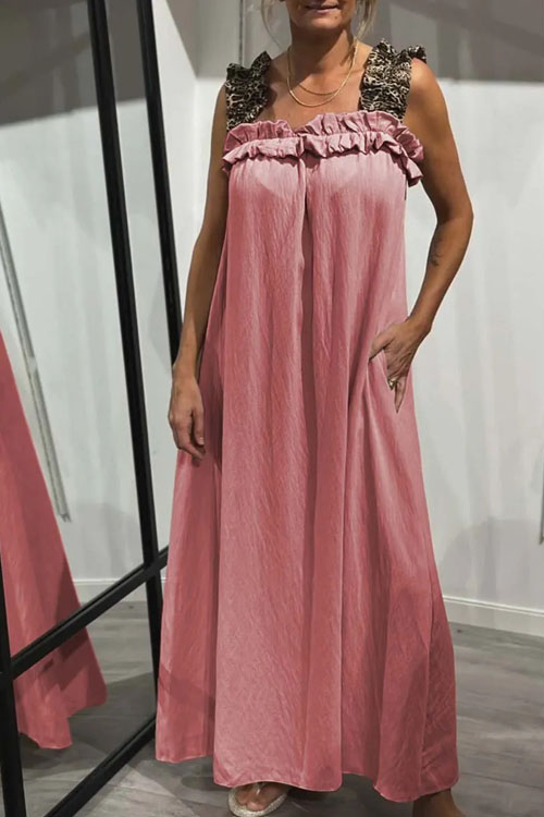 Nonnadress Casual Patchwork Leopard Pocket Cotton Linen Dress