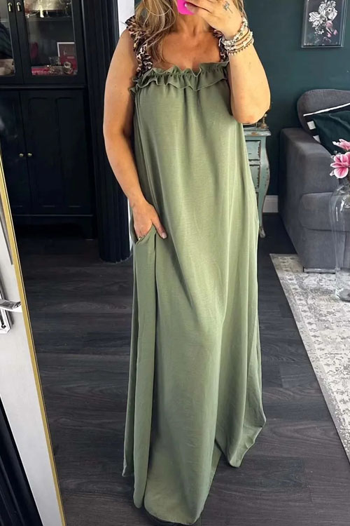 Nonnadress Casual Patchwork Leopard Pocket Cotton Linen Dress