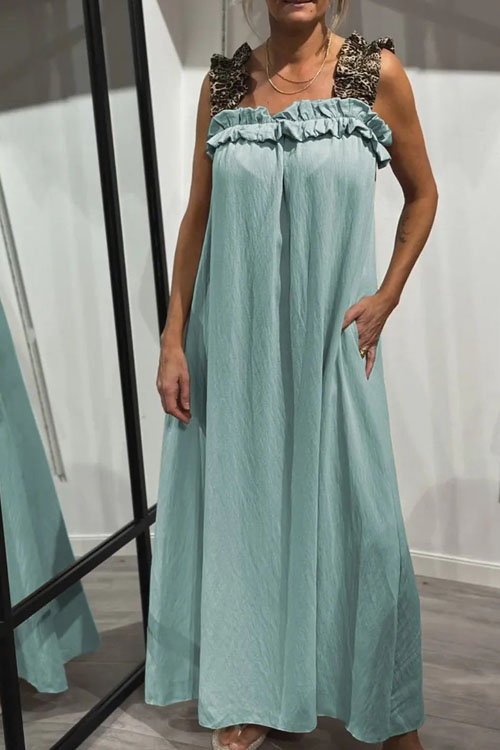 Nonnadress Casual Patchwork Leopard Pocket Cotton Linen Dress