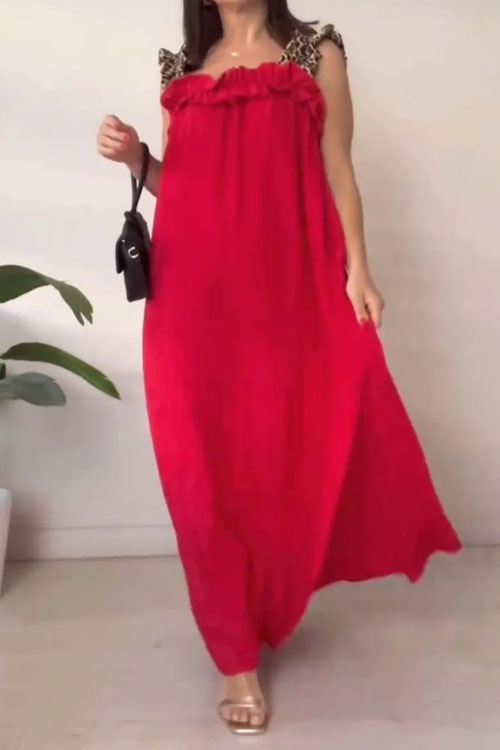 Nonnadress Casual Patchwork Leopard Pocket Cotton Linen Dress