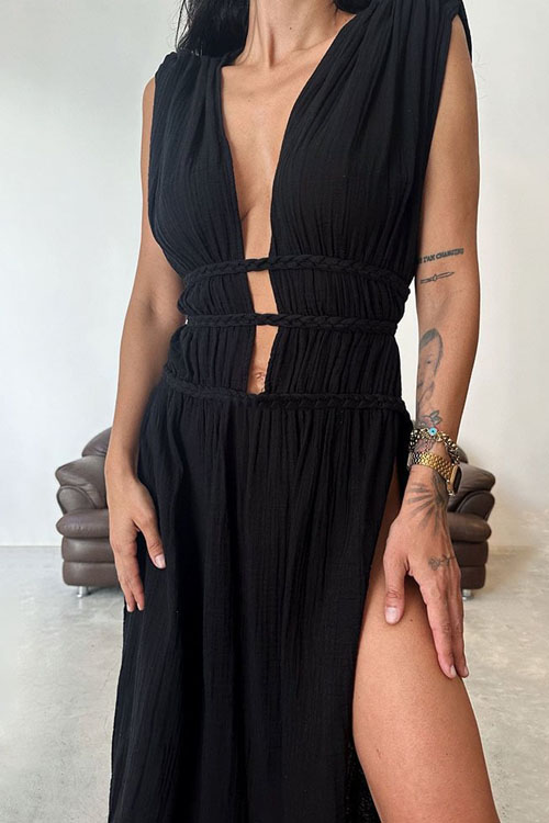 Nonnadress Bohemian Style Braided Belt Linen Maxi Skirt