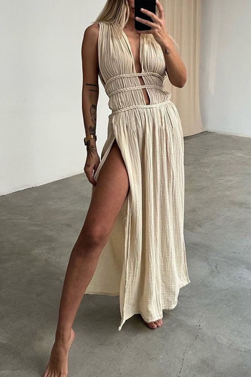 Nonnadress Bohemian Style Braided Belt Linen Maxi Skirt