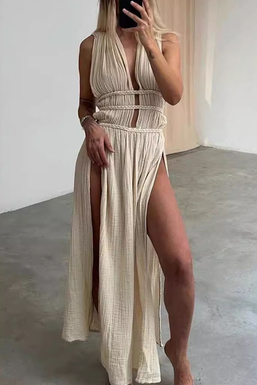 Nonnadress Bohemian Style Braided Belt Linen Maxi Skirt