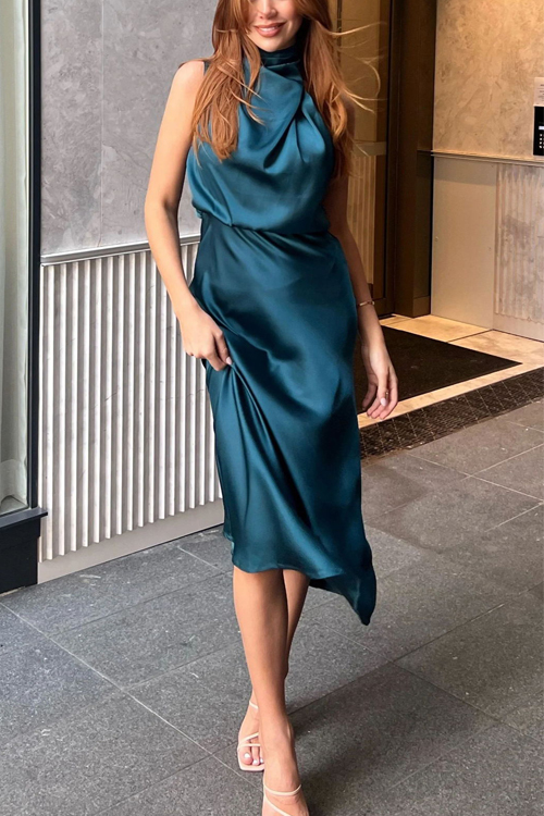 Nonnadress Sleeveless Halter Solid Color Satin Dress
