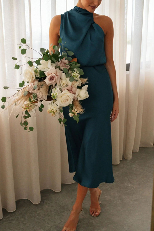 Nonnadress Sleeveless Halter Solid Color Satin Dress