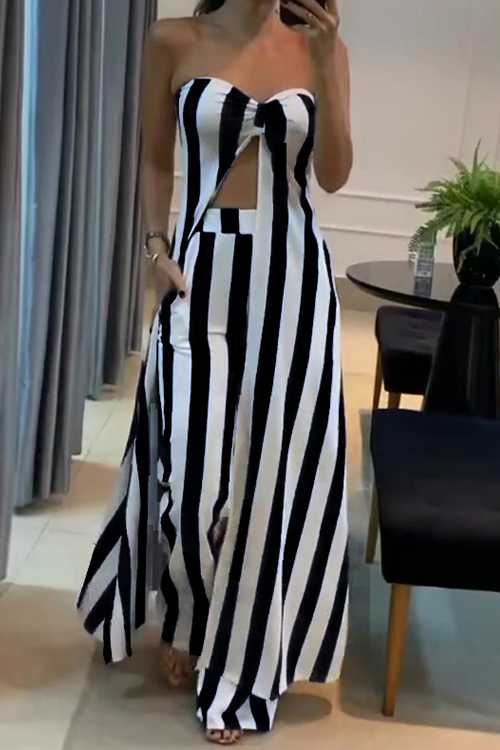 Nonnadress Striped Midriff-Baring Bandeau Top & Pants Set