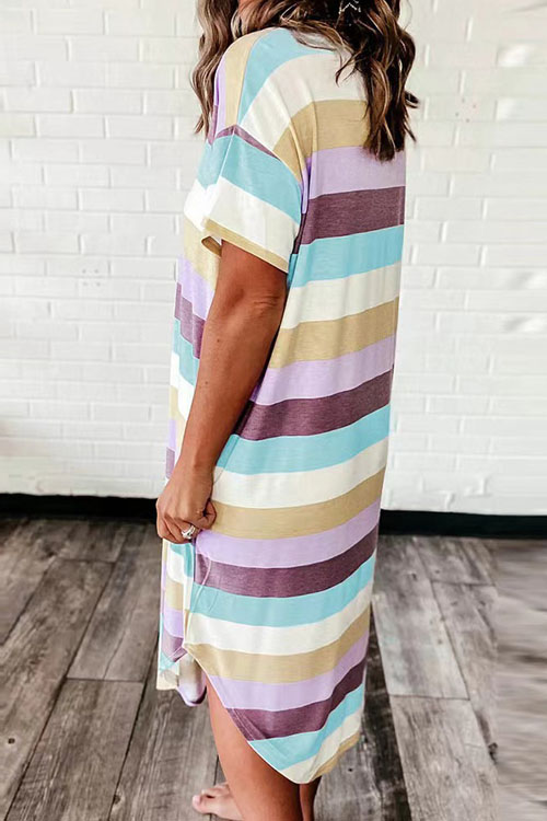 Nonnadress Loose Striped Floral Print Short Sleeve Dress