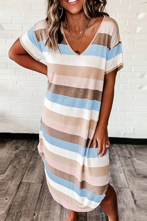 Nonnadress Loose Striped Floral Print Short Sleeve Dress