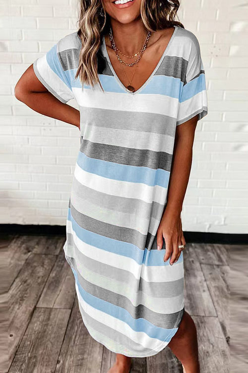 Nonnadress Loose Striped Floral Print Short Sleeve Dress