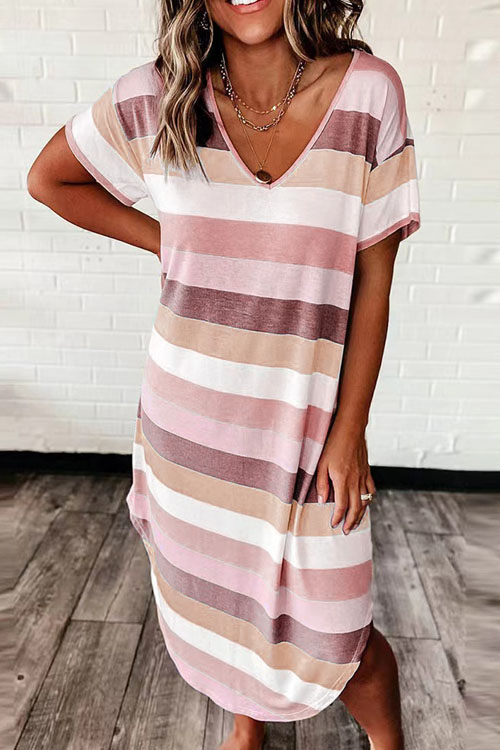 Nonnadress Loose Striped Floral Print Short Sleeve Dress