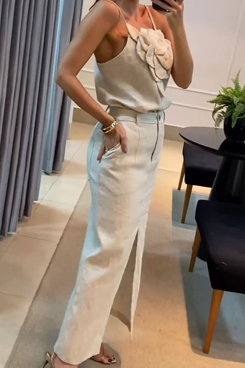 Nonnadress 3D Floral Top with pocketed Cotton-linen Half-skirt Set