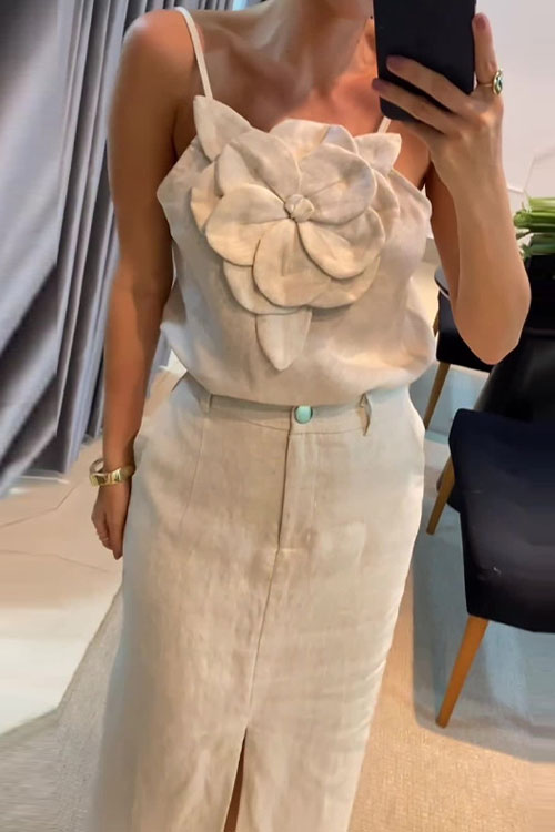 Nonnadress 3D Floral Top with pocketed Cotton-linen Half-skirt Set