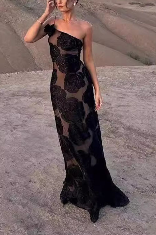 Nonnadress Burnt flower strap off-shoulder flower long dress