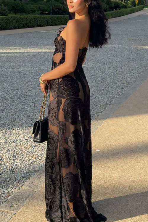 Nonnadress Burnt flower strap off-shoulder flower long dress