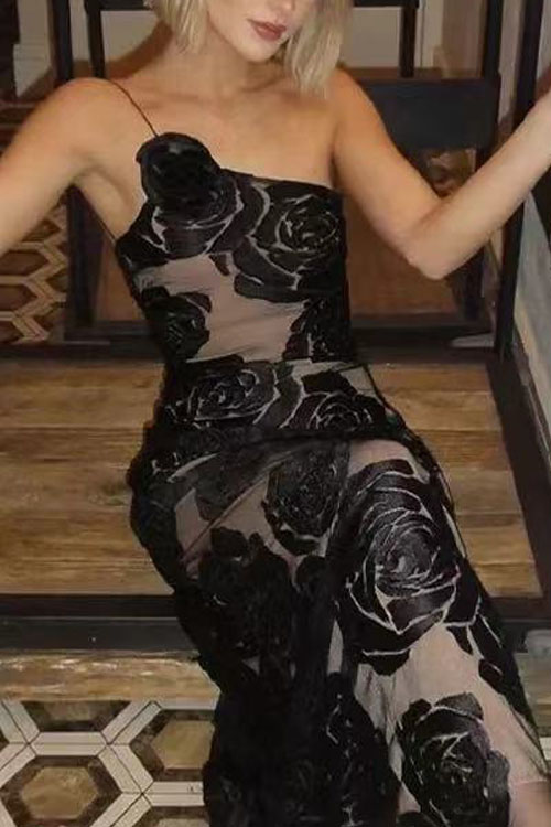 Nonnadress Burnt flower strap off-shoulder flower long dress