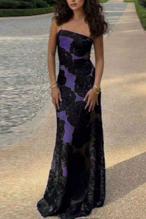 Nonnadress Burnt flower strap off-shoulder flower long dress