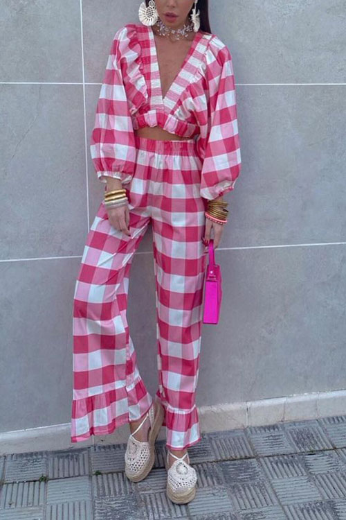 Nonnadress Plaid pleated embroidery V-neck waist suit