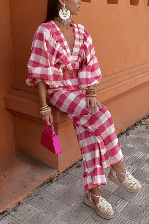 Nonnadress Plaid pleated embroidery V-neck waist suit