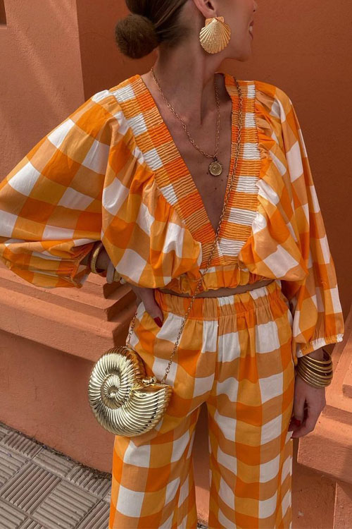 Nonnadress Plaid pleated embroidery V-neck waist suit